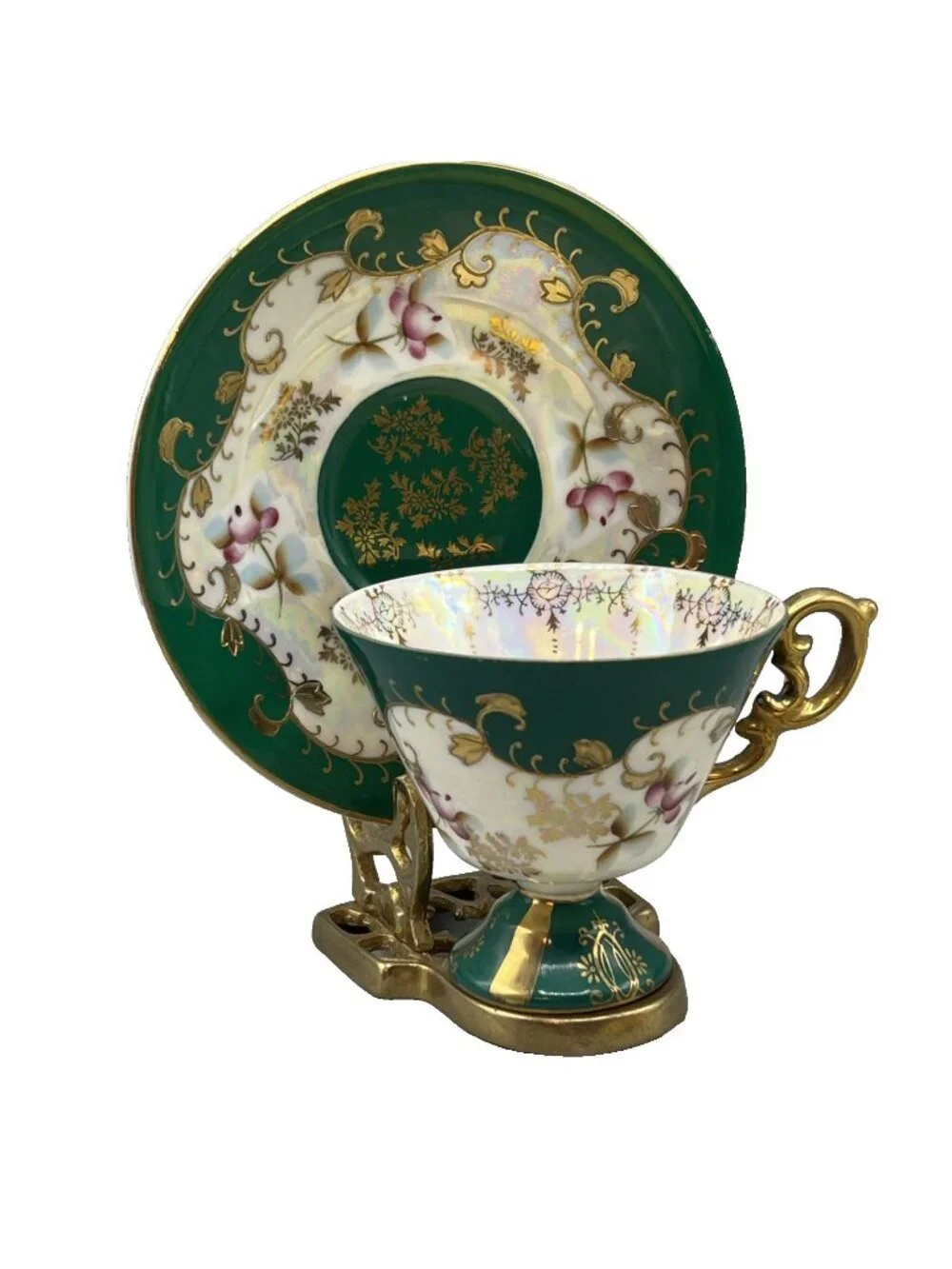 Vtg 50’s Lusterware Tea Cup Saucer Green Gold Trim Masculine Royal Sealy Japan